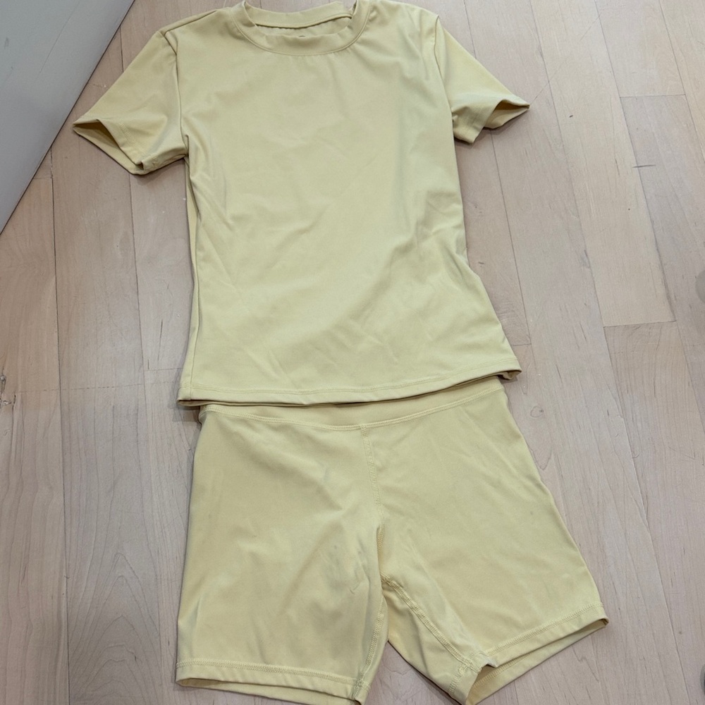 Soft Yellow Short Sleeve Top & Bike Shorts Set